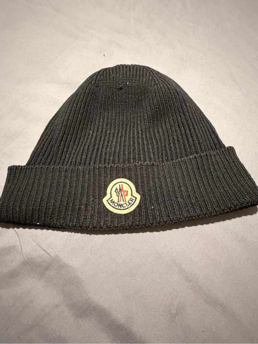 Moncler Black Ribbed Knit Cuffed Beanie with Logo Patch